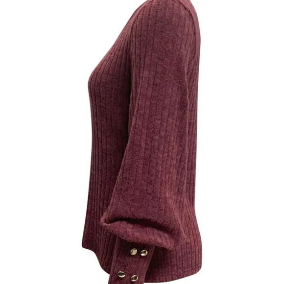 Women's Ribbed Knit Top with Button Accents - Burgundy - Picture 4 of 5